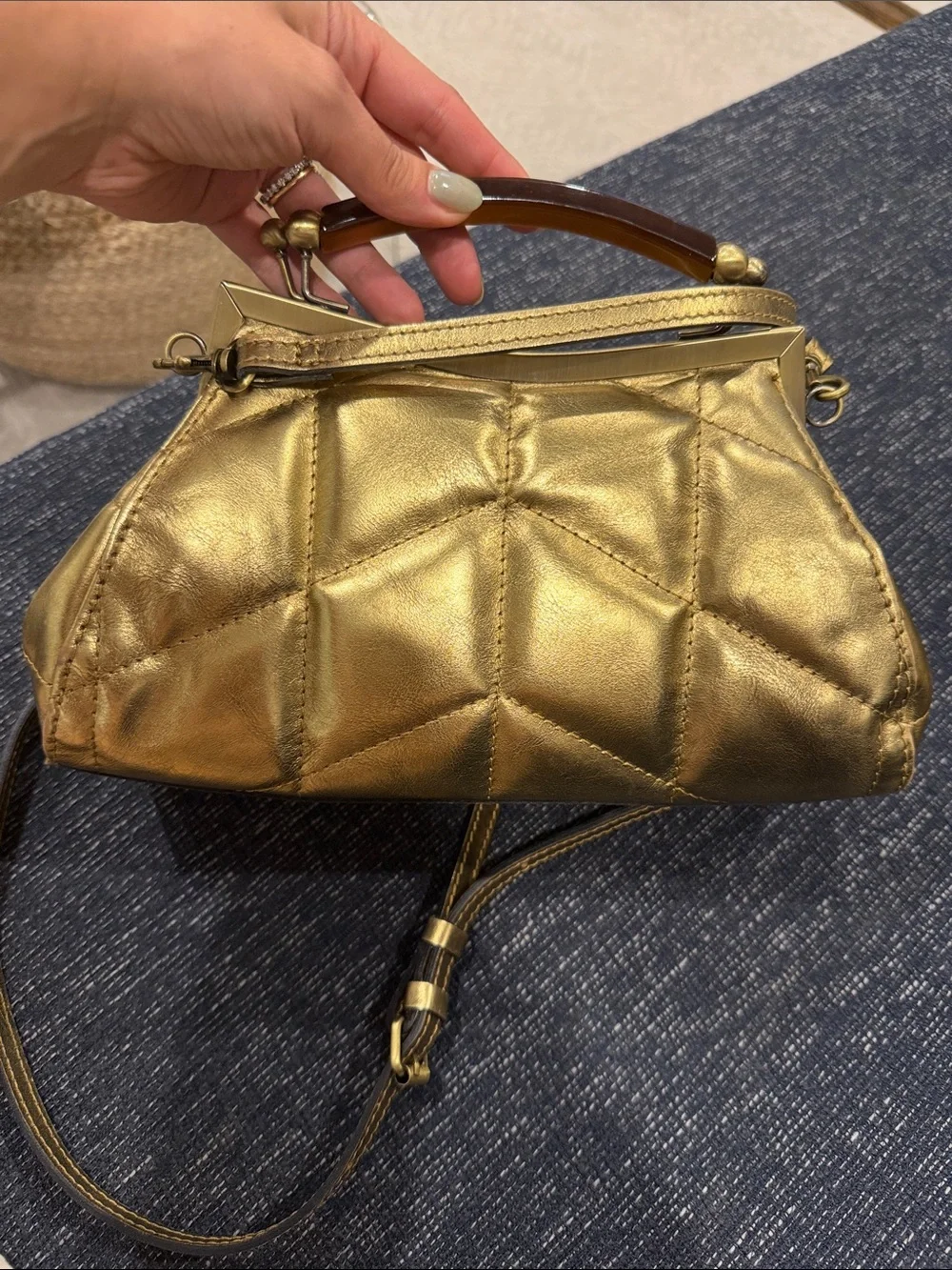 Patricia Nash Gold Quilted Frame Clutch with Top Handle